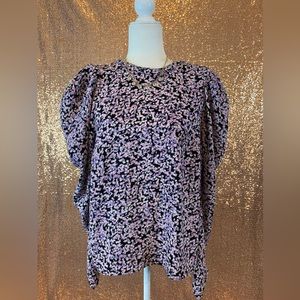 H&M sz L women's black and pink floral puff sleeve top blouse 0683